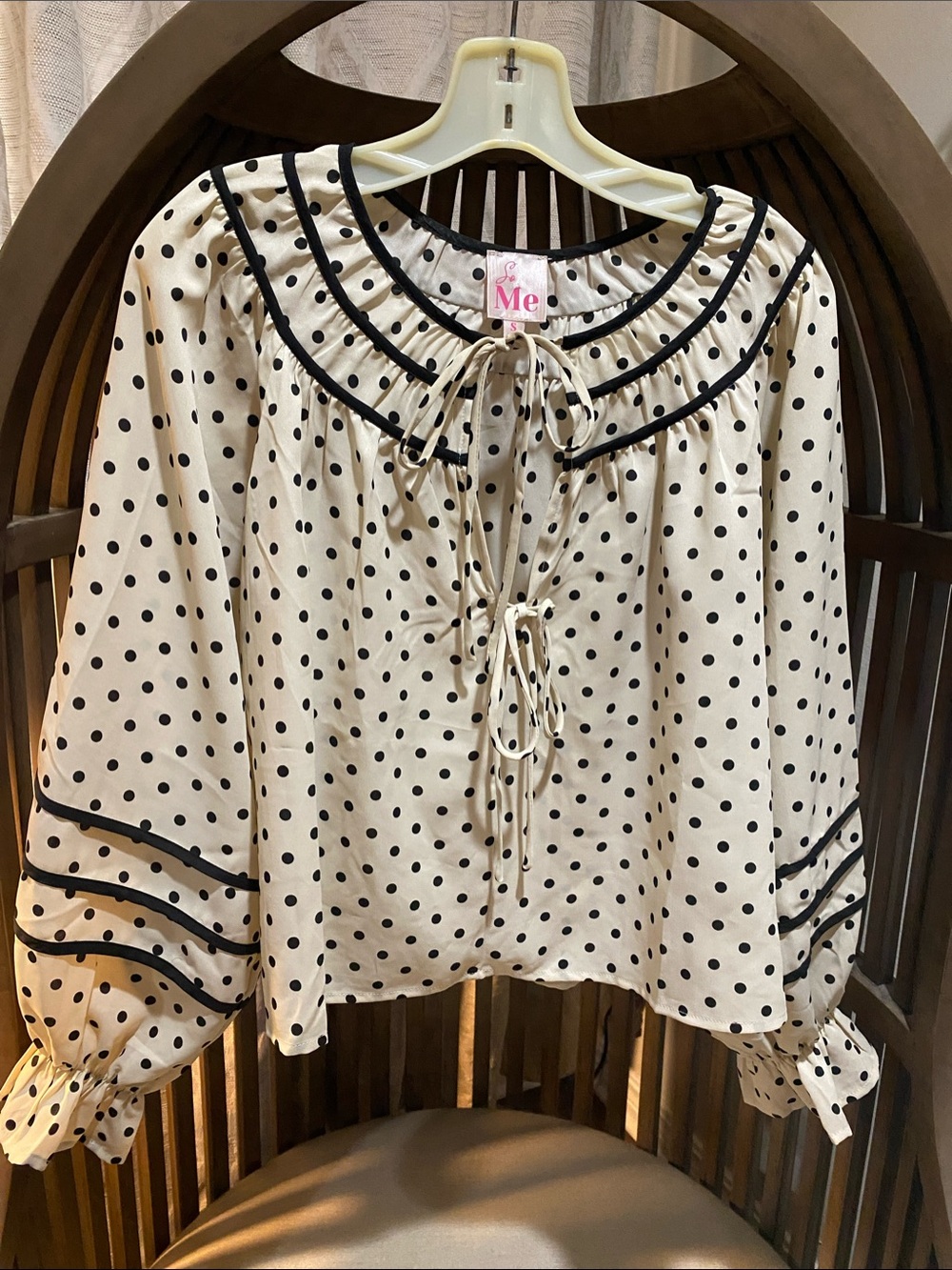 So Me Ivory Polka Dot Tie-Neck Blouse with Black Trim